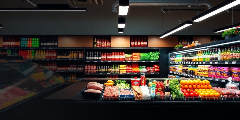 Seção de carnes, bebidas e hortifruti da loja
