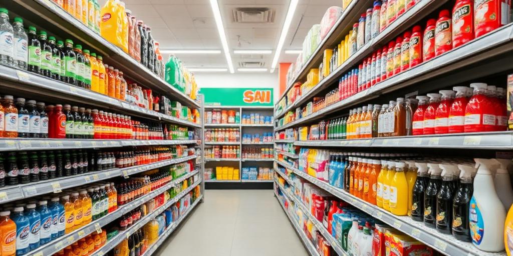 Corredor de bebidas e limpeza do supermercado